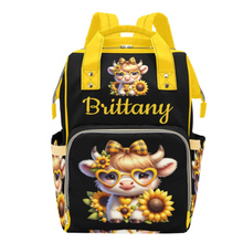 Load image into Gallery viewer, Baby Highland Cow Sunflower Personalized Multi-Function Diaper Bag/Backpack