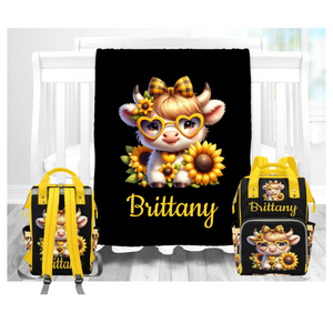 Baby Highland Cow Sunflower Personalized Multi-Function Diaper Bag/Backpack