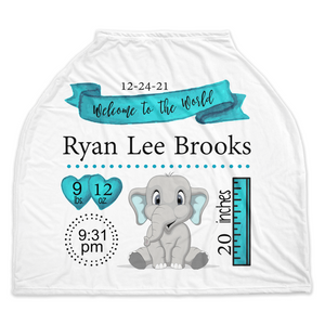 Personalized Birth Stat Teal Elephant Car Seat Covers