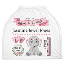 Load image into Gallery viewer, Personalized Birth Stat Pink Elephant Car Seat Covers