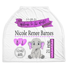 Load image into Gallery viewer, Personalized Birth Stat Purple  Elephant Car Seat Covers