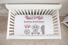 Load image into Gallery viewer, Personalized Pink Elephant Birth Stat Crib Sheets