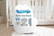 Load image into Gallery viewer, Personalized Birth Stat Blue Elephant Car Seat Covers