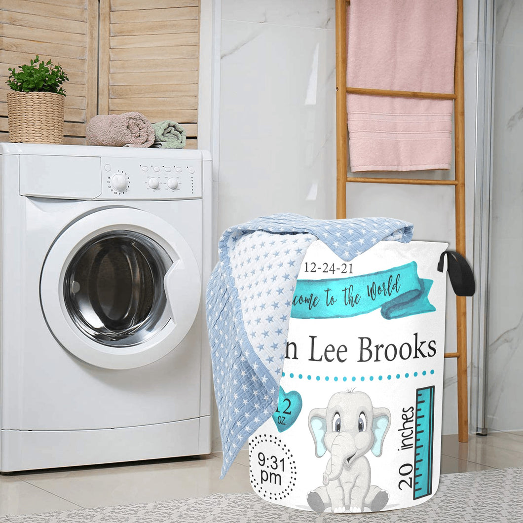 Teal  Elephant Personalized Birth Stat Laundry Hamper