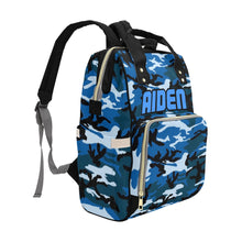 Load image into Gallery viewer, Blue Camouflage Personalized Multi-Function Diaper Bag