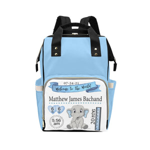 Personalized Blue Elephant Birth Stat Multi-Function Diaper Bag