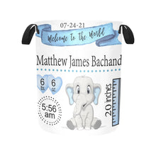 Load image into Gallery viewer, Blue Elephant Personalized Birth Stat Laundry Hamper