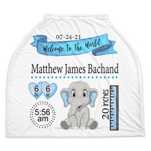 Load image into Gallery viewer, Personalized Birth Stat Blue Elephant Car Seat Covers