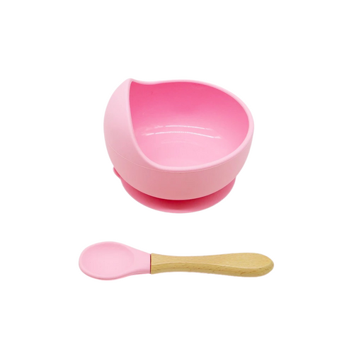 Silicone Suction Bowl and Spoon Set - Pink