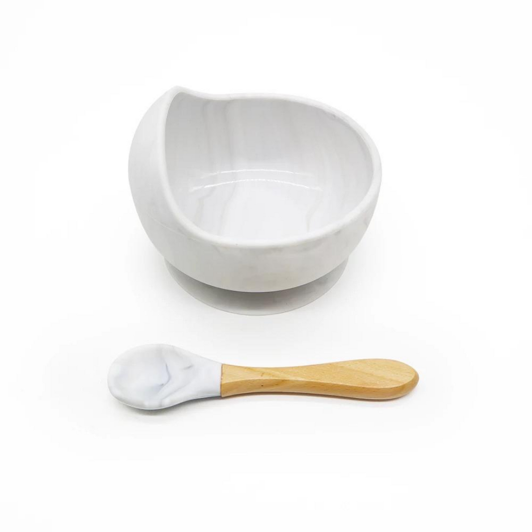 Silicone Suction Bowl and Spoon Set - White Marble