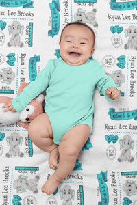 Personalized Birth Stat Teal Elephant Minky Blanket