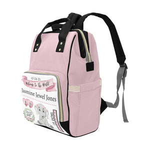 Personalized Pink Elephant Birth Stat Multi-Function Diaper Bag