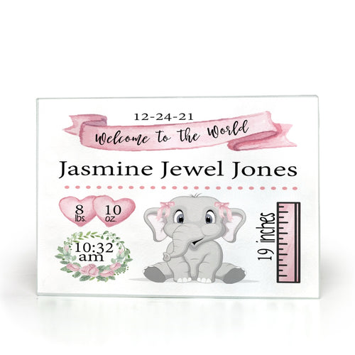 Personalized Pink Elephant Birth Stat Glass Cutting Board