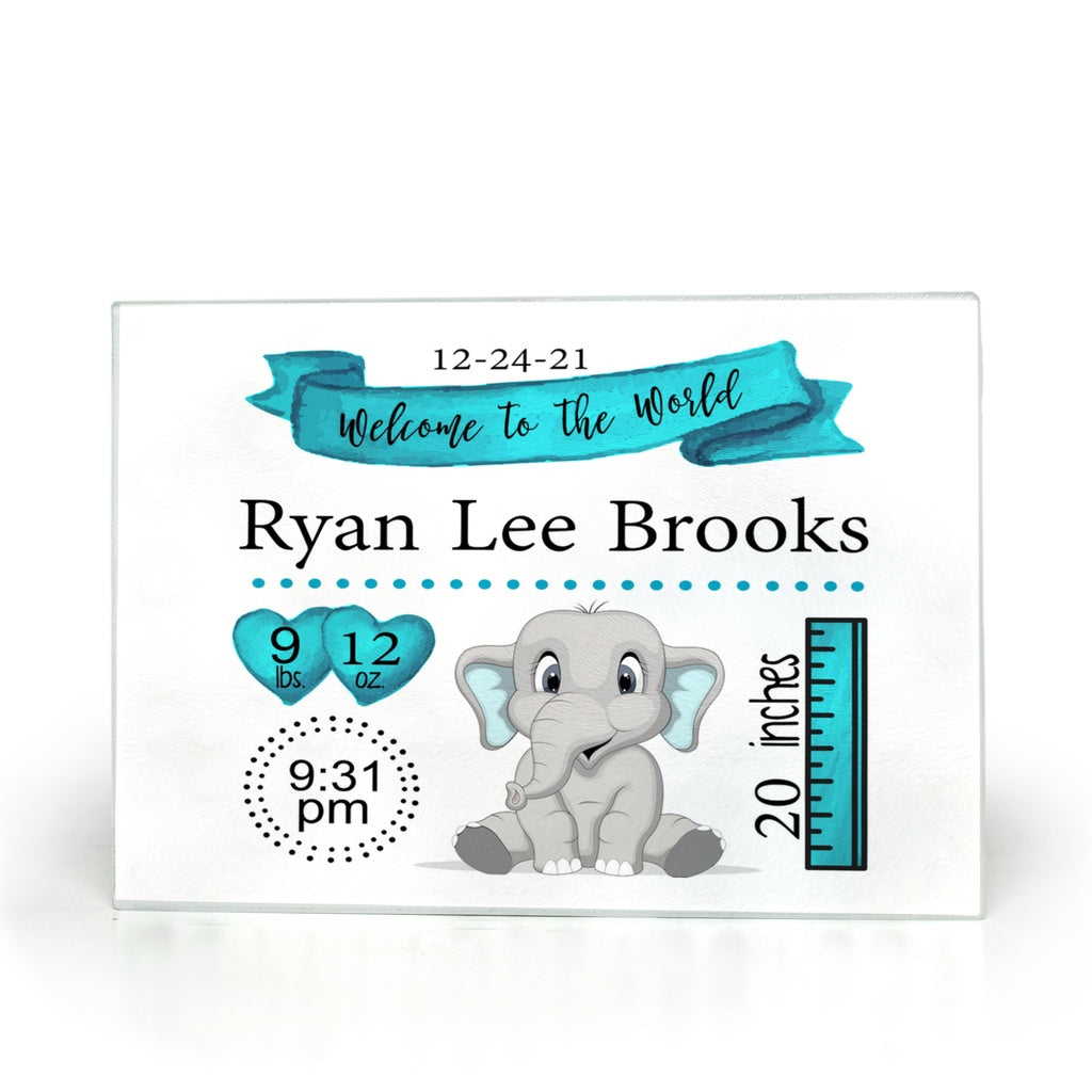 Personalized Blue Elephant Birth Stat Glass Cutting Boards