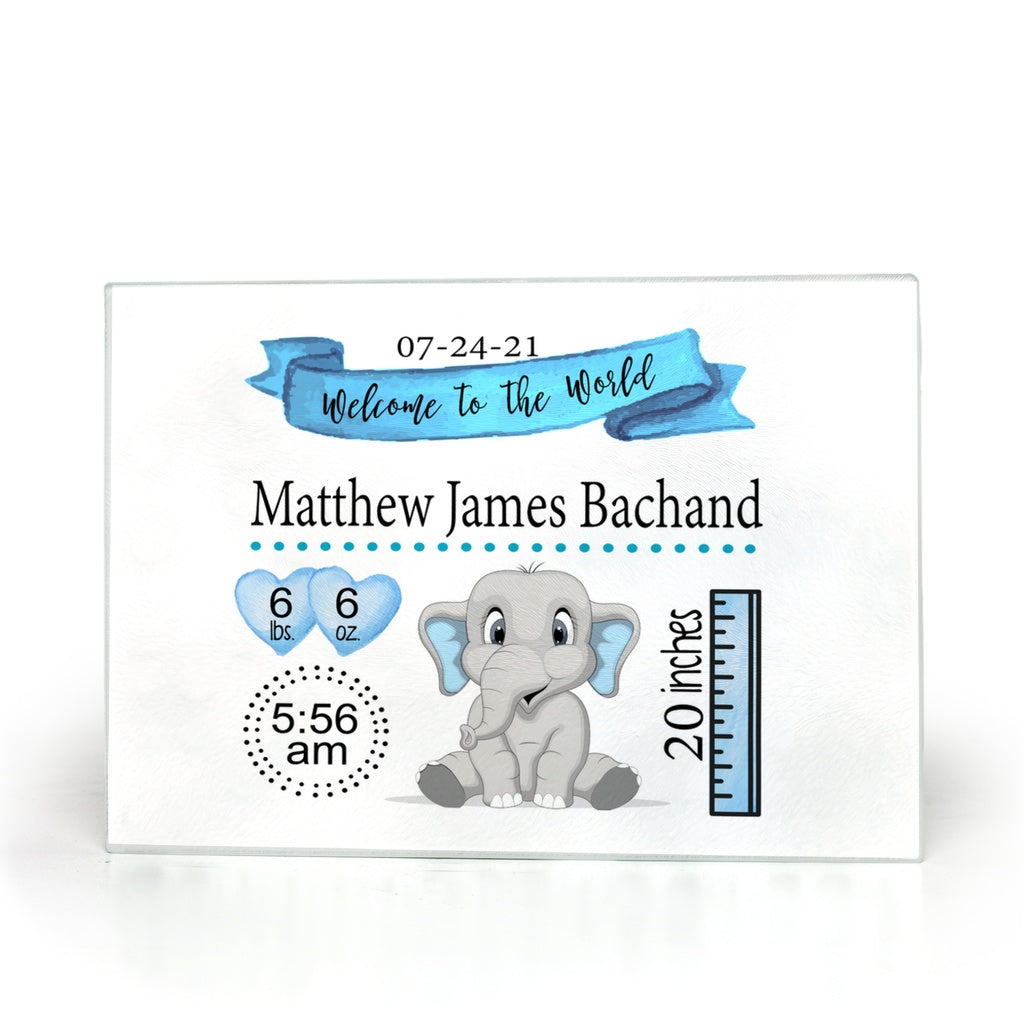 Personalized Elephant Birth Stat Glass Cutting Boards Blue