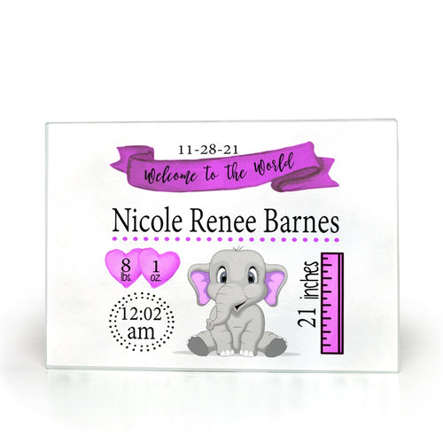 Personalized Purple Elephant Birth Stat Glass Cutting Boards