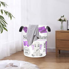 Load image into Gallery viewer, Purple Elephant Personalized Birth Stat Laundry Hamper