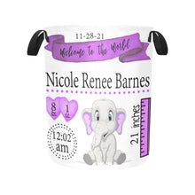 Load image into Gallery viewer, Purple Elephant Personalized Birth Stat Laundry Hamper