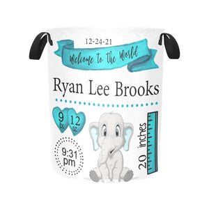 Teal  Elephant Personalized Birth Stat Laundry Hamper