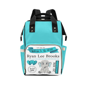 Personalized Teal Elephant Birth Stat Multi-Function Diaper Bag